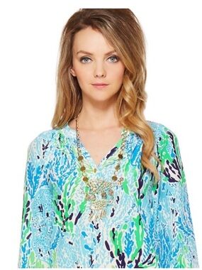 Lilly Pulitzer Silk Blouse Large Elsa Spa Blue Green Coral Seaweed Lets Cha Cha